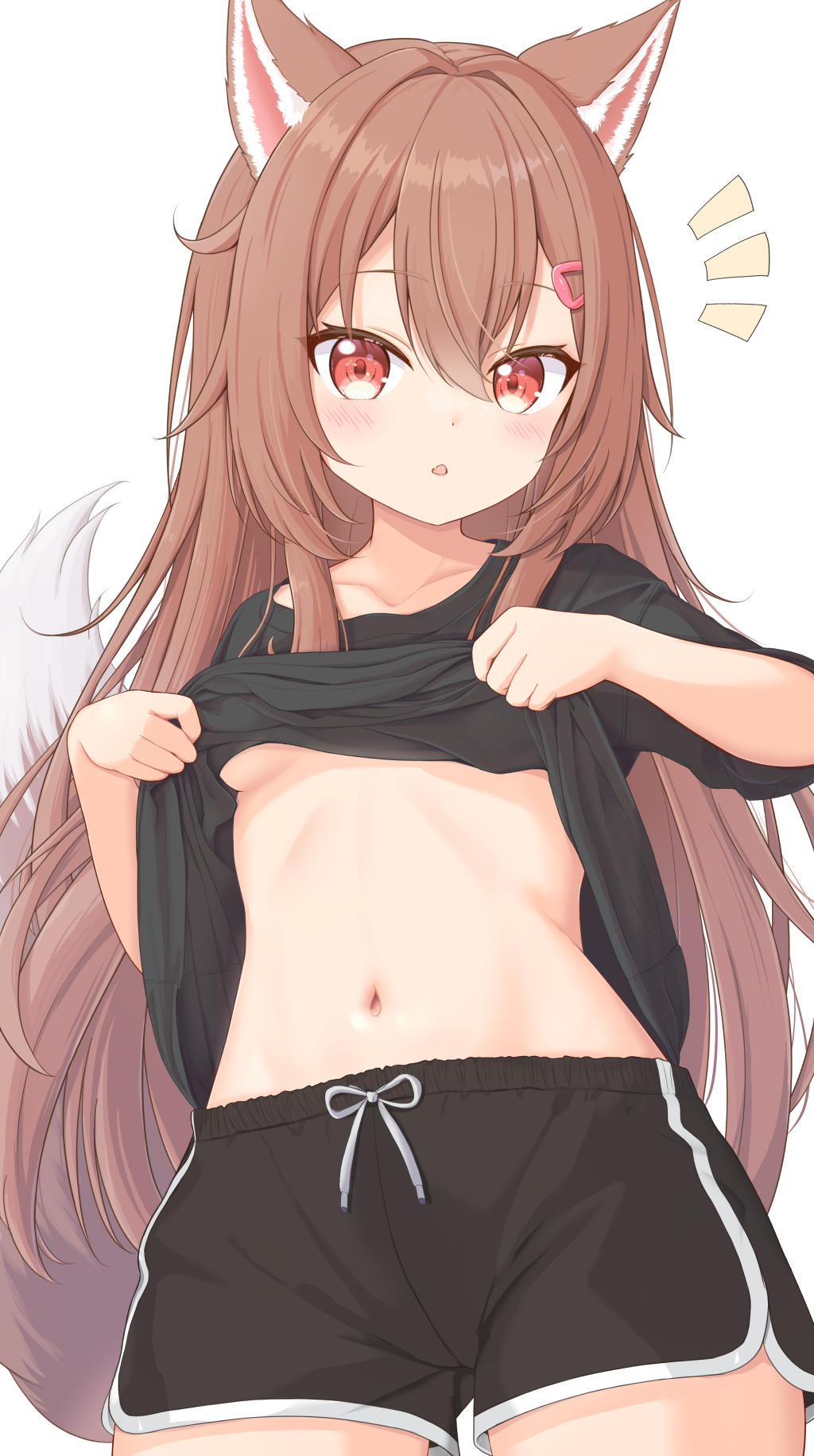 1girl, animal_ears, black_shirt, black_shorts, breasts, brown_hair, clothes_lift, dolphin_shorts, fang, hair_ornament, hairclip, highres, lifting_own_clothes, long_hair, looking_at_viewer, navel, notice_lines, original, rade_(rade_552), red_eyes, shirt, shorts, simple_background, skin_fang, small_breasts, stomach, tail, white_background, wolf_ears, wolf_girl, wolf_tail