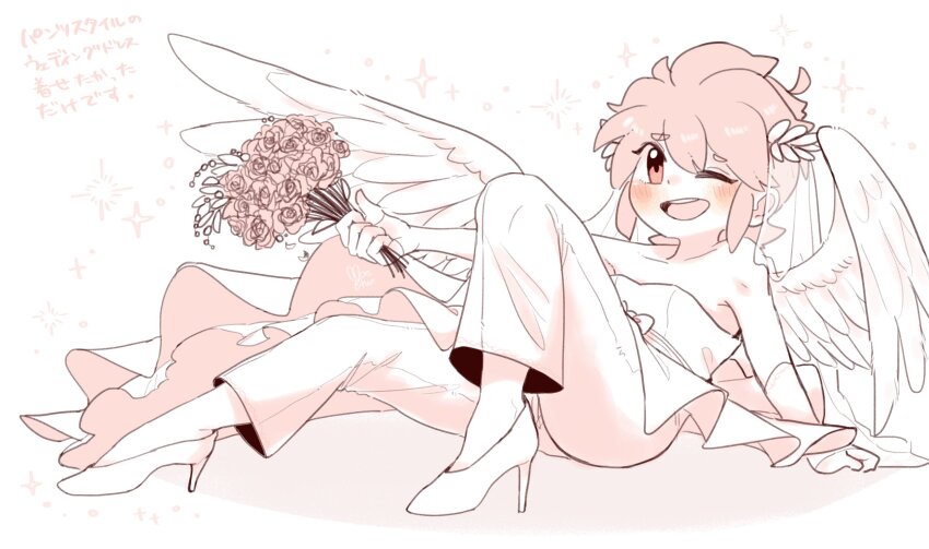 1boy, ;d, ahoge, alternate_costume, androgynous, angel, angel_wings, bare_shoulders