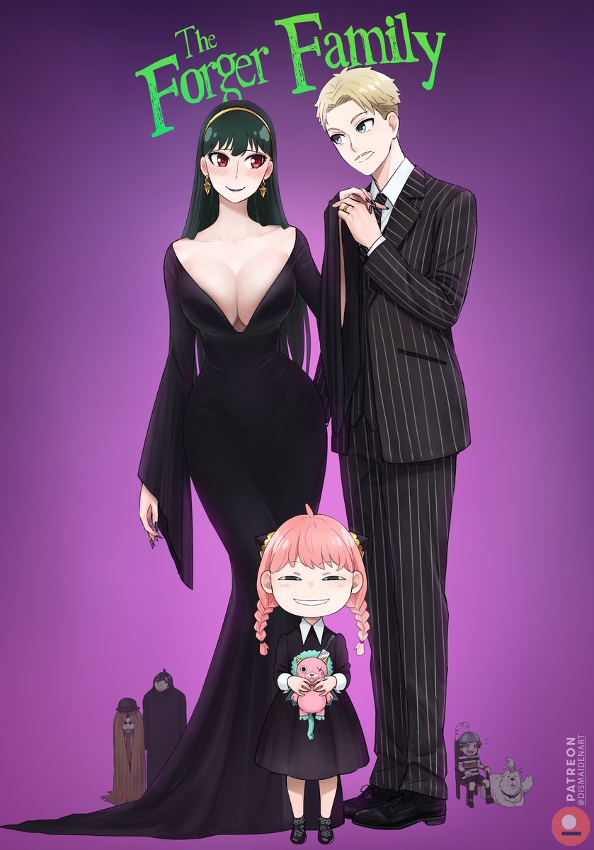 2girls, 4boys, the_addams_family, alternate_breast_size, anya's_heh_face_(meme), anya_(spy_x_family), black_dress, black_footwear