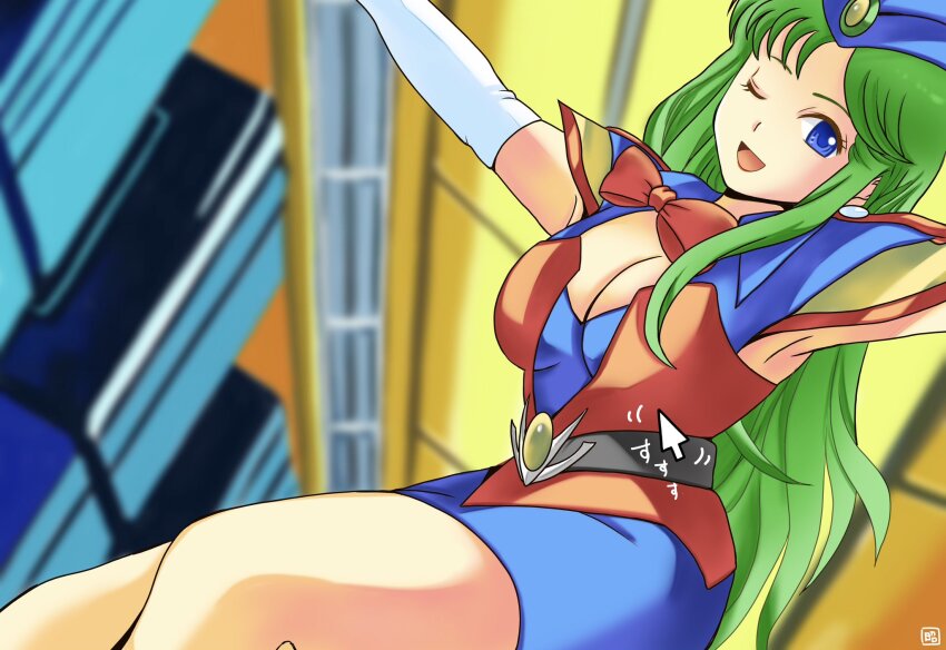 1girl, alternate_costume, armpits, arms_up, blue_eyes, breasts, gloves, green_hair