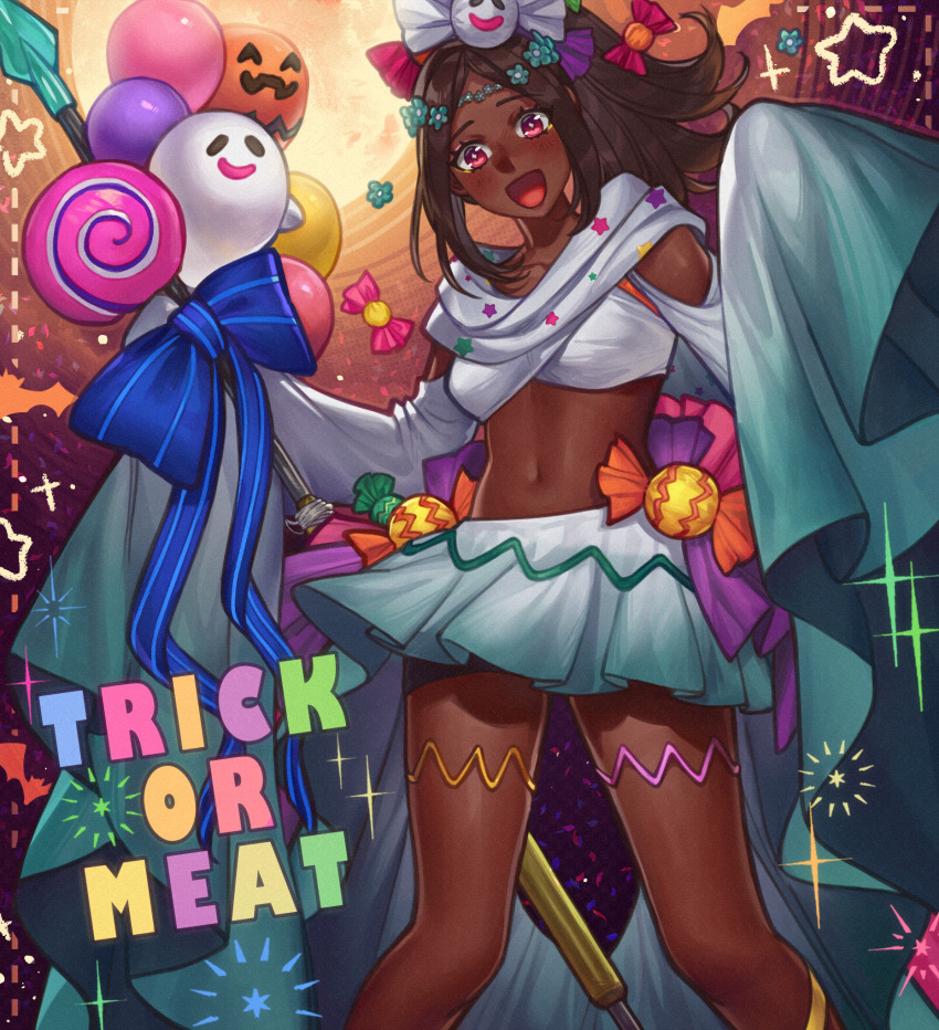 1girl, balloon, brown_hair, candy_hair_ornament, commission, commissioner_upload, crop_top, dark-skinned_female