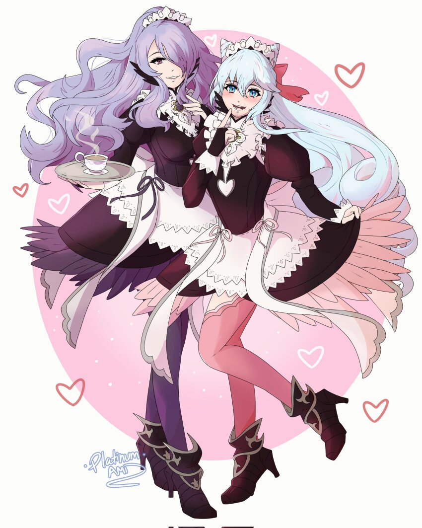 1boy, 1girl, alternate_costume, apron, artist_name, camilla_(fire_emblem), clothes_lift, cone_hair_bun, cosplay, cup, dress, dress_lift, drill_hair, feather_trim, felicia_(fire_emblem), felicia_(fire_emblem)_(cosplay), finger_to_mouth, fire_emblem, fire_emblem_engage, fire_emblem_fates, hair_bun, hair_over_one_eye, hair_ribbon, heart, high_heels, highres, holding, holding_cup, holding_tray, long_hair, looking_at_viewer, maid, maid_apron, maid_headdress, nintendo, open_mouth, pink_hair, pink_thighhighs, platinum_ami, purple_eyes, purple_hair, purple_thighhighs, ribbon, rosado_(fire_emblem), smile, tea, thighhighs, trap, tray, wavy_hair