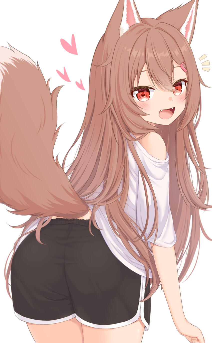 1girl, :d, animal_ears, black_shorts, brown_hair, dolphin_shorts, fangs, from_behind, hair_ornament, hairclip, highres, long_hair, looking_at_viewer, notice_lines, off_shoulder, open_mouth, original, rade_(rade_552), red_eyes, shirt, short_sleeves, shorts, simple_background, smile, tail, white_background, white_shirt, wolf_ears, wolf_girl, wolf_tail