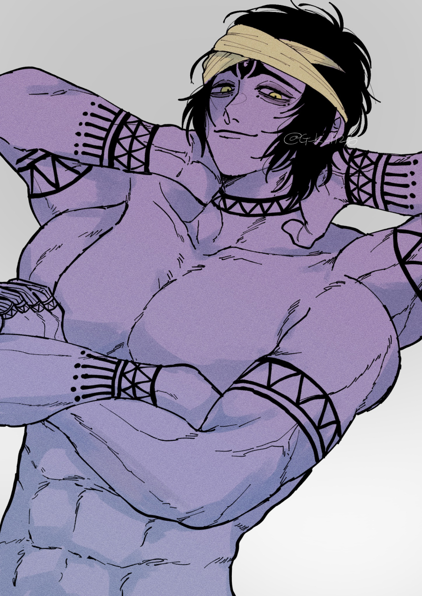 1boy, abs, arm_tattoo, arms_up, bandana, black_hair, black_tattoo, closed_mouth