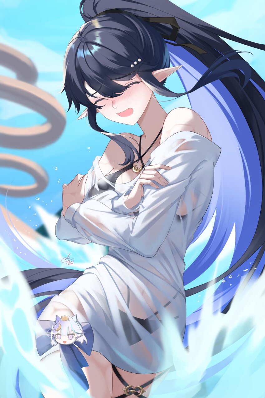 1girl, artist_name, bare_shoulders, bikini, black_bikini, black_hair, blue_background, blue_sky