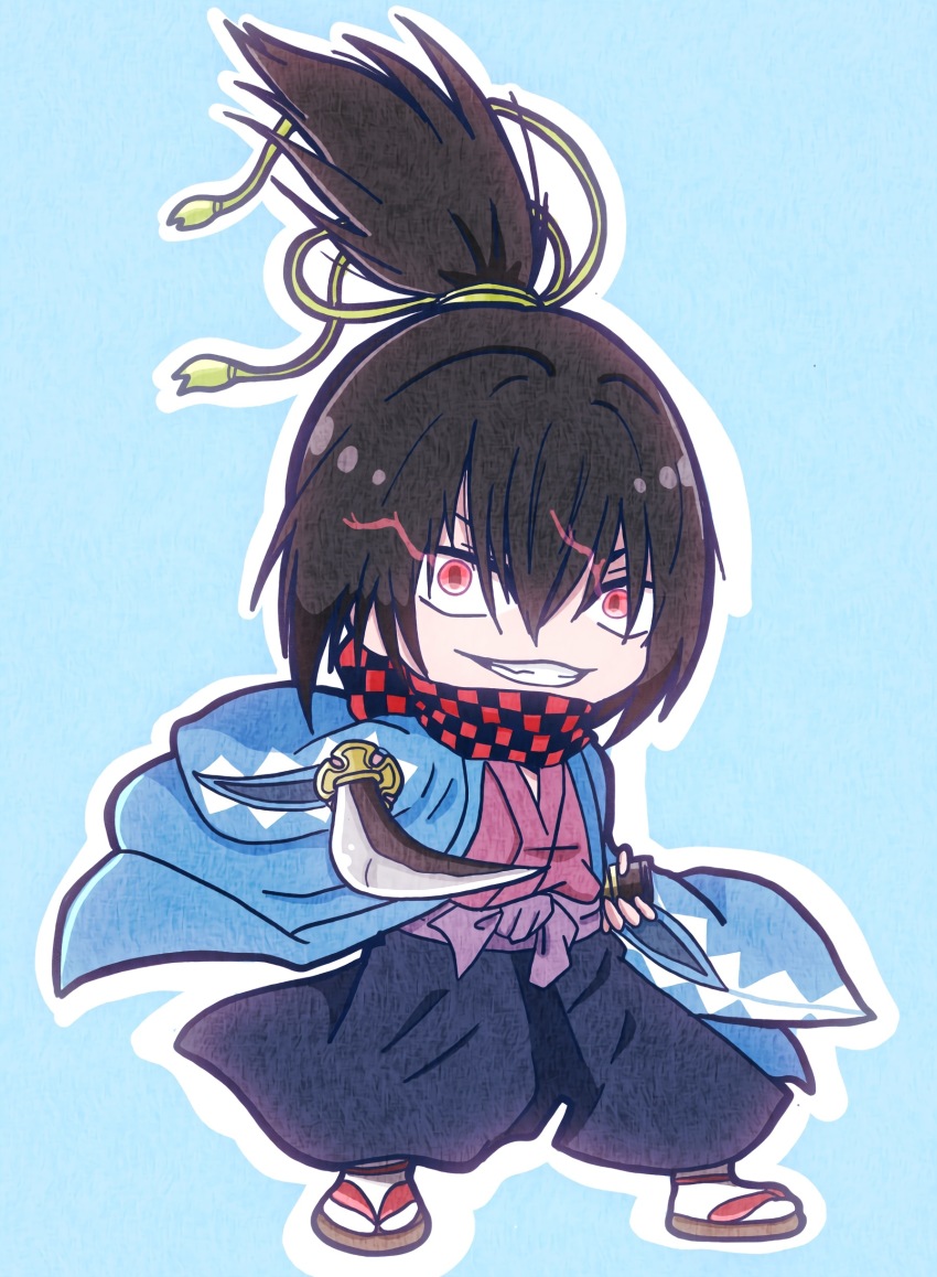 1boy, absurdres, black_hair, black_hakama, black_scarf, blue_haori, checkered_clothes, checkered_scarf