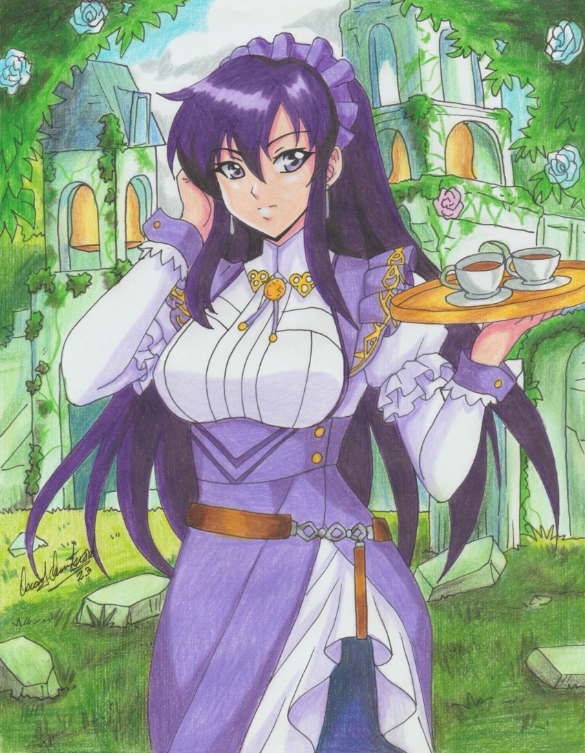 1girl, absurdres, artist_name, ayra_(fire_emblem), ayra_(tea_party)_(fire_emblem), breasts, cup, dress