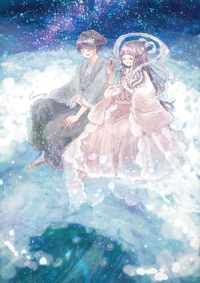 1boy, 1girl, ^_^, artist_name, black_hair, blunt_bangs, closed_eyes, commentary_request