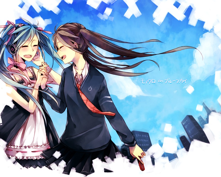 2girls, aqua_hair, brown_hair, hair_ribbon, hatsune_miku, headphones, long_hair, monochro_blue_sky_(vocaloid)