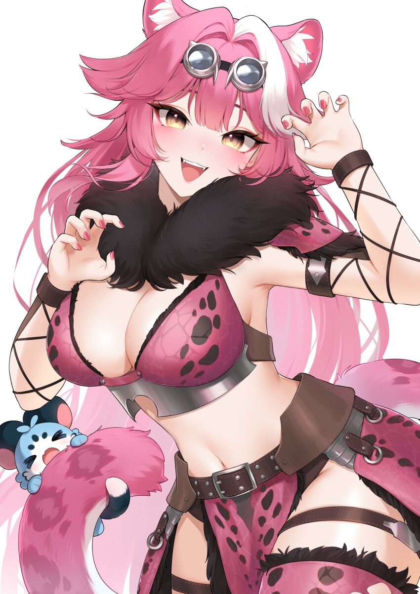 1girl, absurdres, animal_ears, animal_print, anjanath_(armor), belt, bikini, breasts