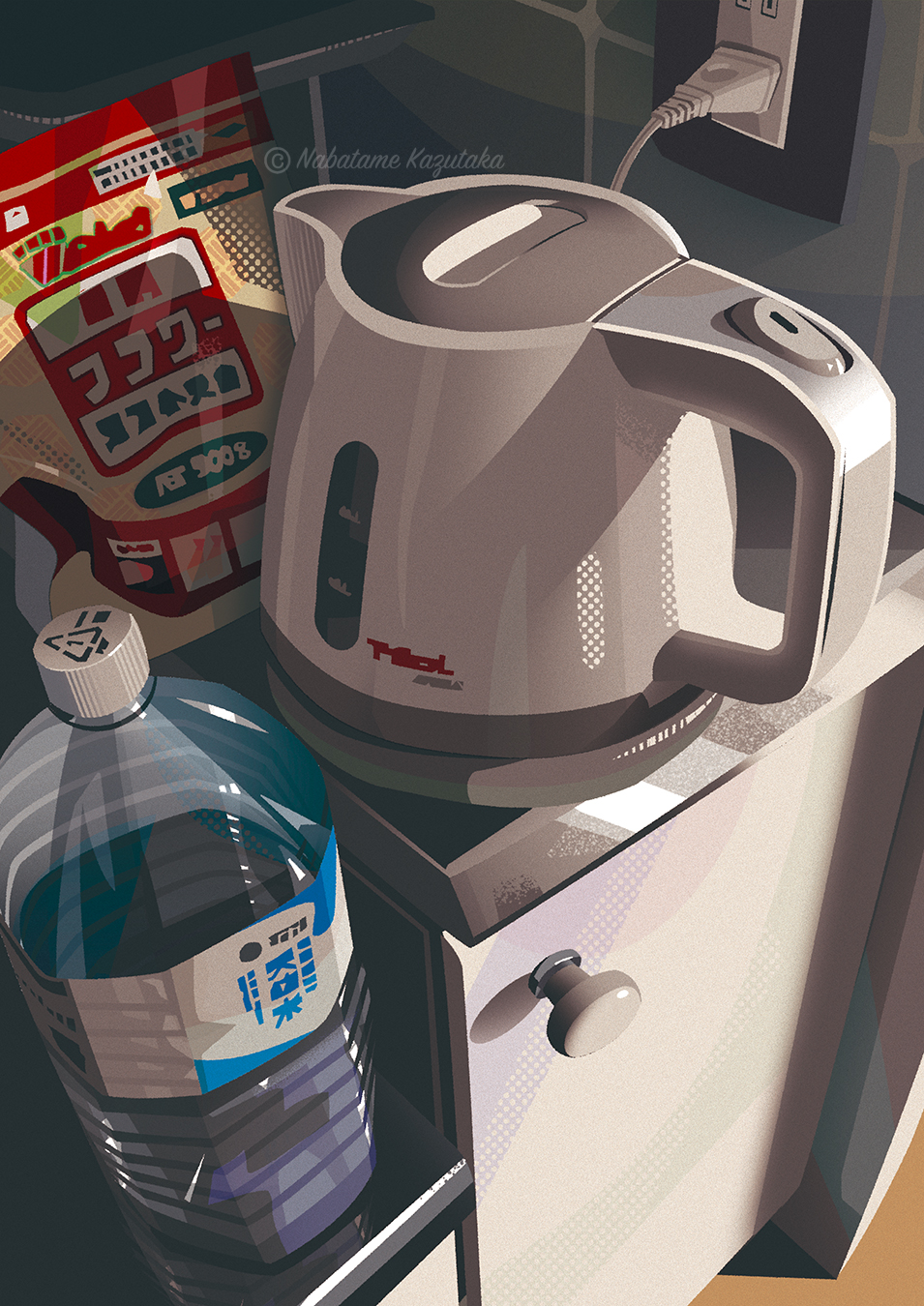 artist_name, bottle, cable, electric_kettle, electric_plug, electrical_outlet, highres, indoors, kettle, kitchen, nabatame_kazutaka, no_humans, original, still_life
