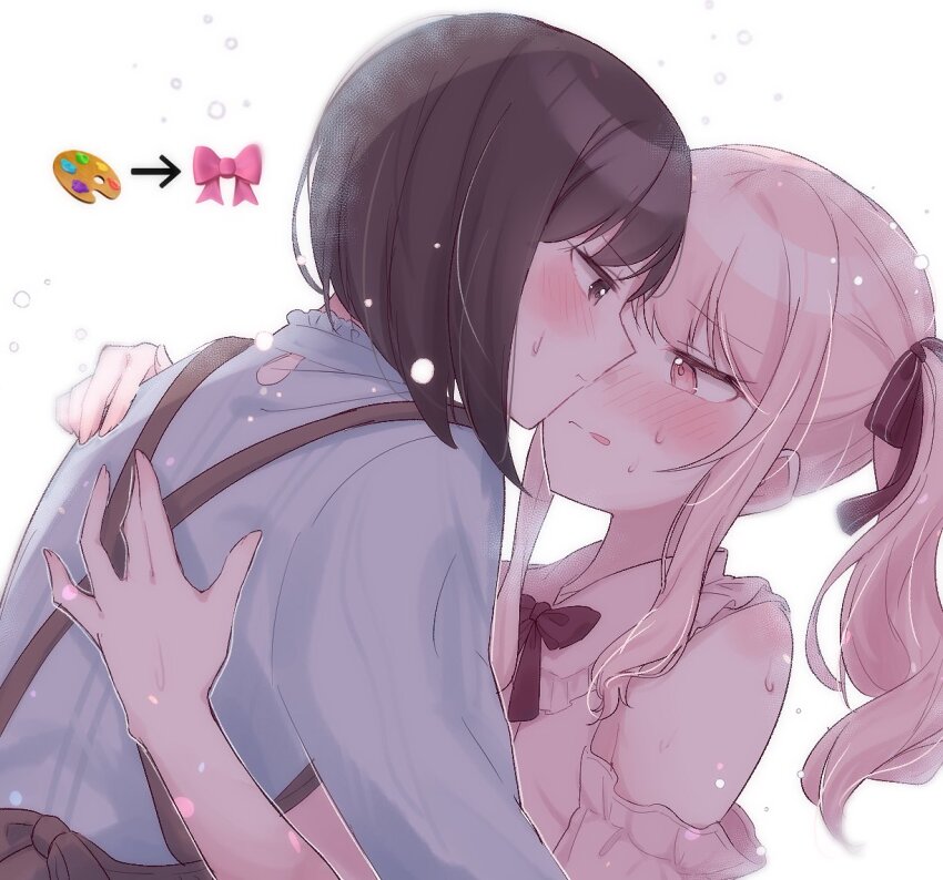 1girl, 1other, akiyama_mizuki, blush, bow, brown_hair, commentary_request, dress