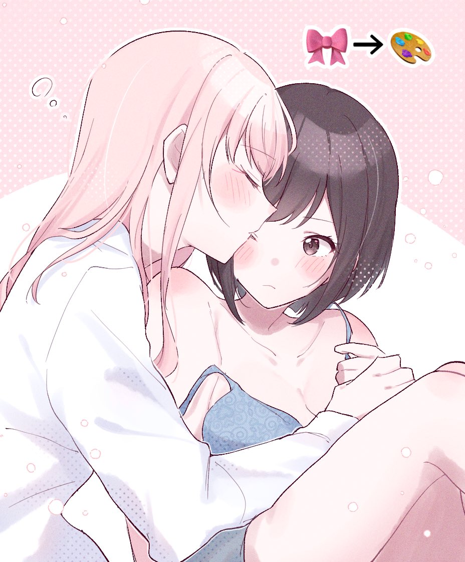 1girl, 1other, akiyama_mizuki, bare_legs, bare_shoulders, blue_bra, blush, bra