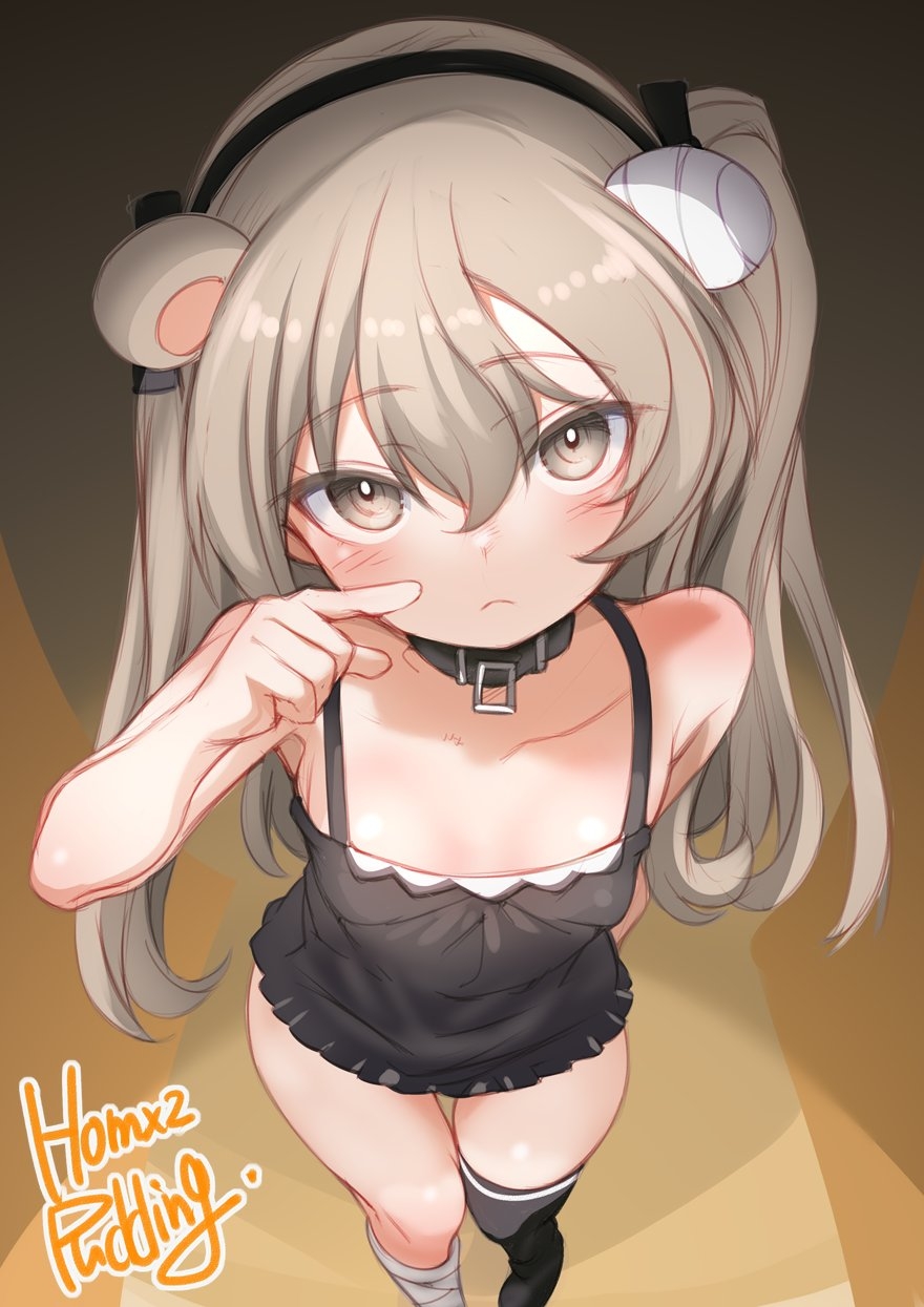 1girl, animal_ears, arm_behind_back, artist_name, bear_ears, black_camisole, blush, breasts