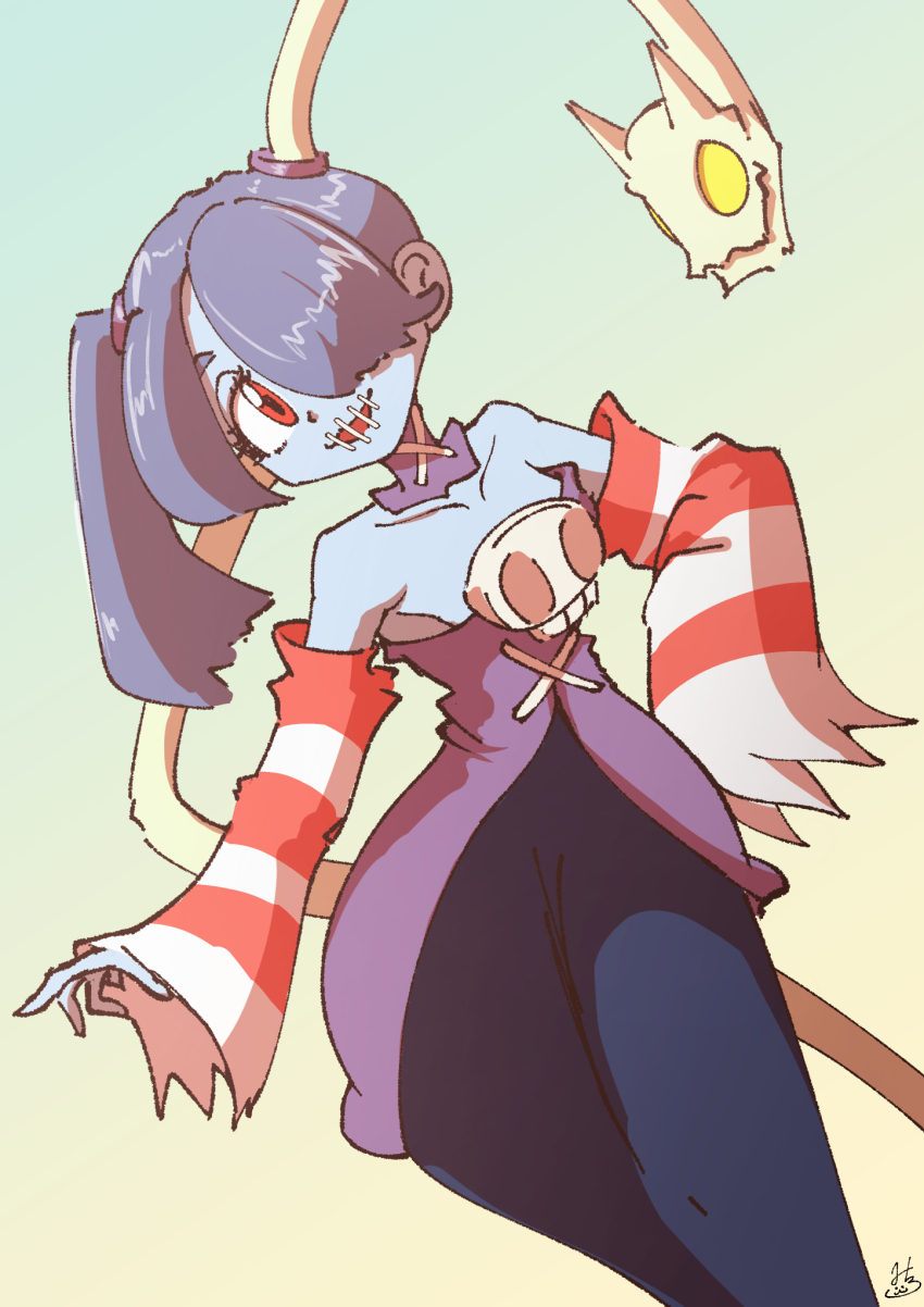 1563ichikorosan, 1girl, blue_background, blue_hair, blue_skin, collarbone, colored_skin, cowboy_shot