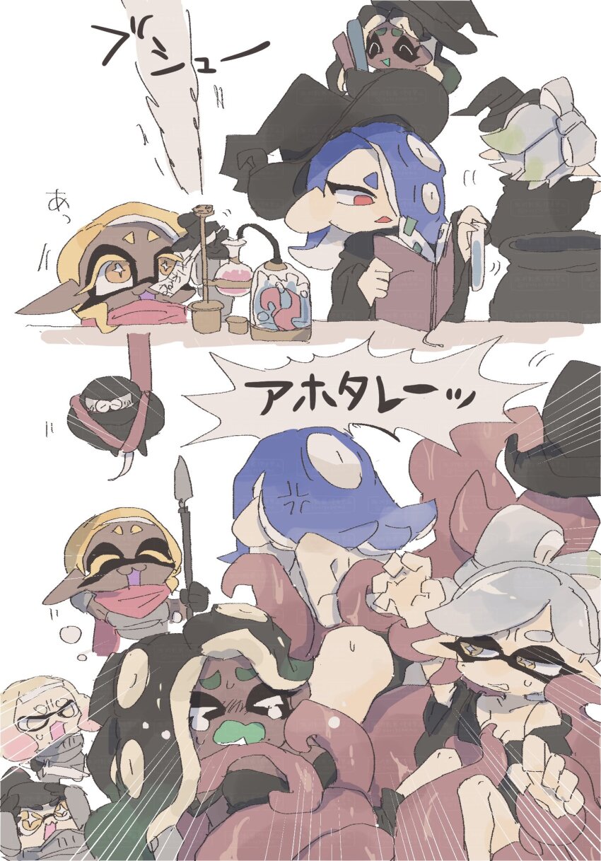 1boy, 6+girls, ass, big_man_(splatoon), blonde_hair, blue_hair, book, callie_(splatoon), cauldron, chibi, comic, crying, dark-skinned_female, dark_skin, dress, fangs, frye_(splatoon), halloween, halloween_costume, hat, highres, inkling, knight, manta_ray, marie_(splatoon), marina_(splatoon), multiple_girls, ninja, nintendo, octoling, open_mouth, panties, pearl_(splatoon), polearm, reading, red_eyes, shiver_(splatoon), spear, speech_bubble, splashing, splatoon_(series), sweat, tears, tentacle_hair, tentacles, underwear, weapon, witch_hat, yellow_eyes, yuritokemo