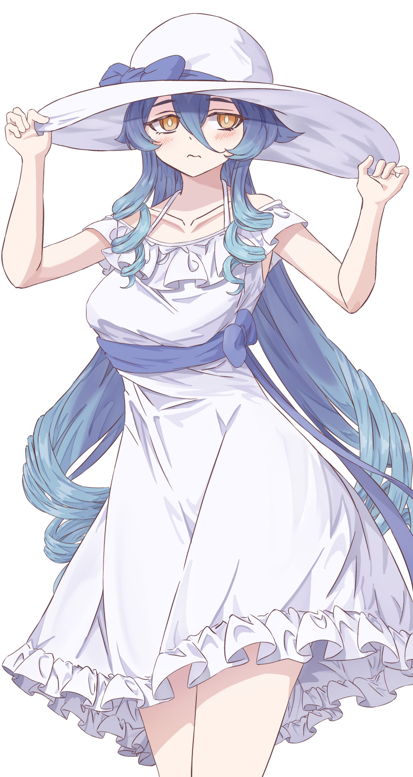 1girl, absurdres, adjusting_clothes, adjusting_headwear, alternate_costume, blue_hair, blue_sash, blush