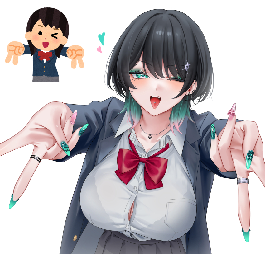 1girl, ;p, black_hair, blazer, blue_jacket, bow, bowtie, bra_visible_through_clothes