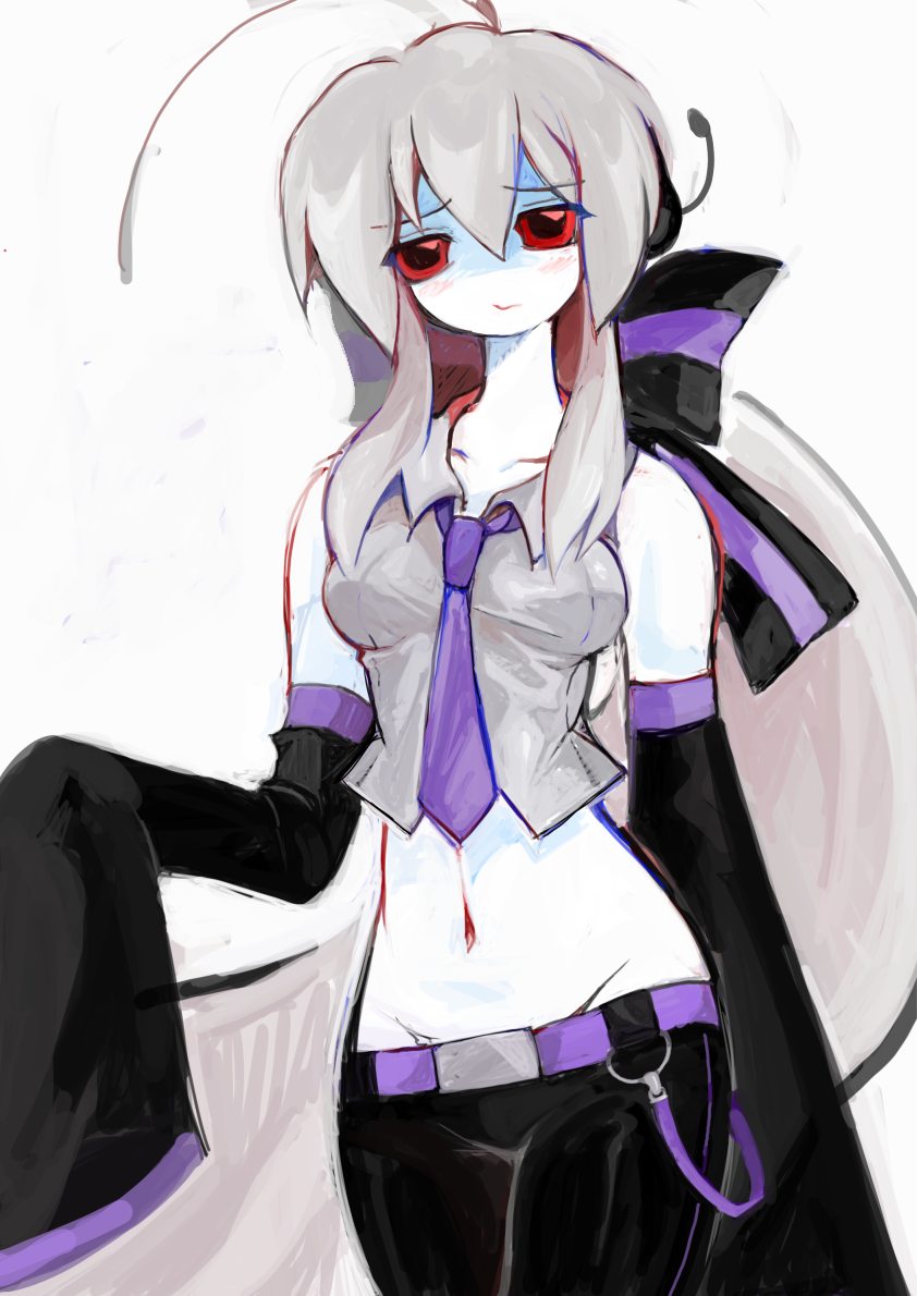 1girl, ahoge, belt, belt_buckle, black_pants, breasts, buckle, collarbone, collared_shirt, colored_skin, crop_top, detached_sleeves, grey_hair, grey_shirt, groin, long_hair, midriff, navel, necktie, pants, ponytail, purple_belt, purple_necktie, red_eyes, shirt, sleeves_past_wrists, solo, vocaloid, white_skin, yogurt200, yowane_haku