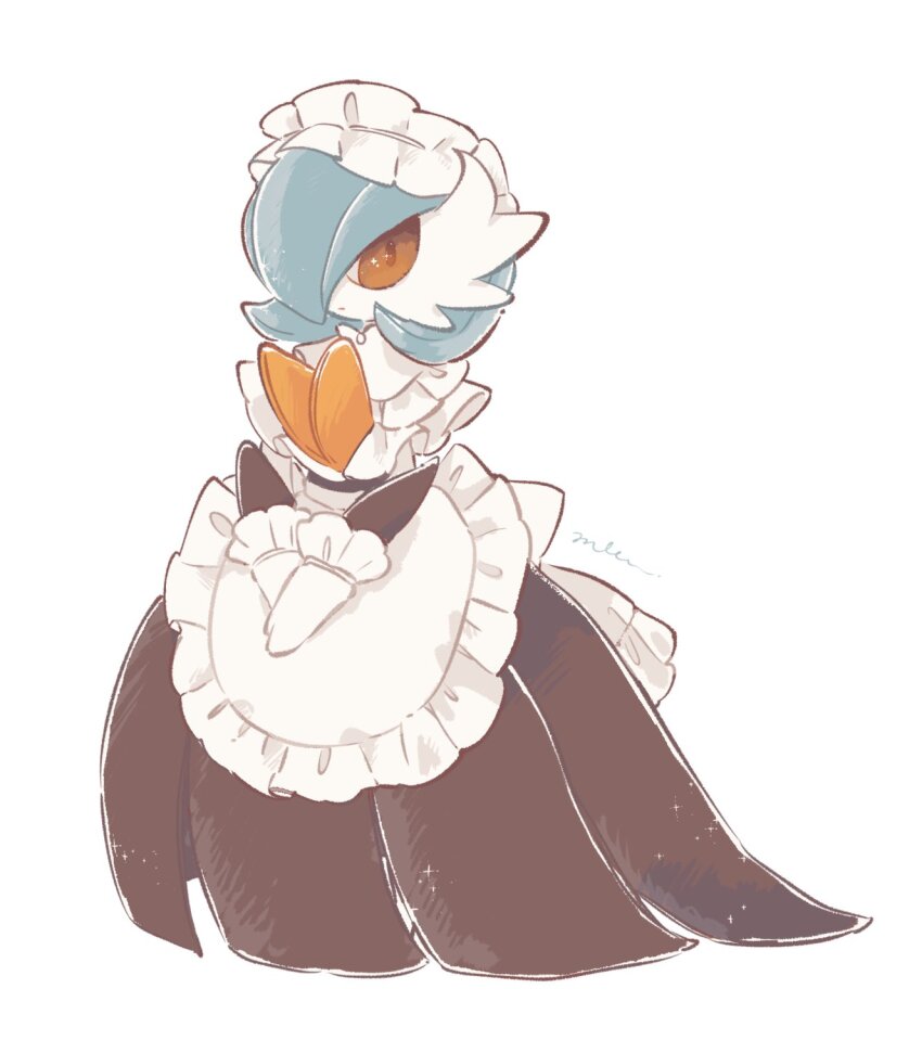 alternate_color, apron, black_dress, blue_hair, closed_eyes, colored_skin, dress, full_body