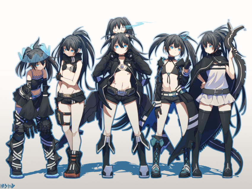 armored_boots, baronilu, belt, bikini, black_coat, black_footwear, black_hair, black_jacket