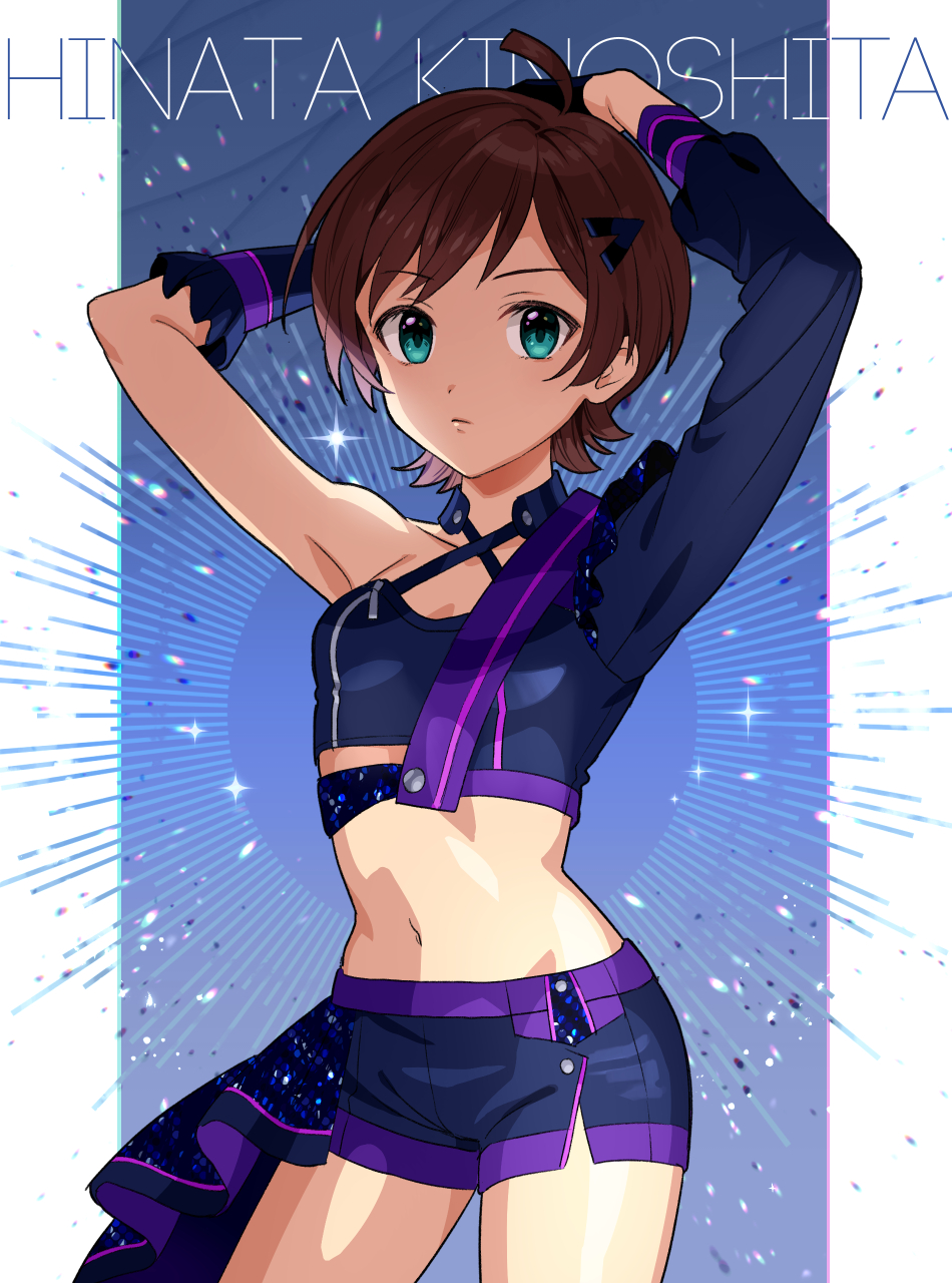 1girl, ahoge, aqua_eyes, armpits, arms_behind_head, arms_up, asymmetrical_clothes, black_gloves