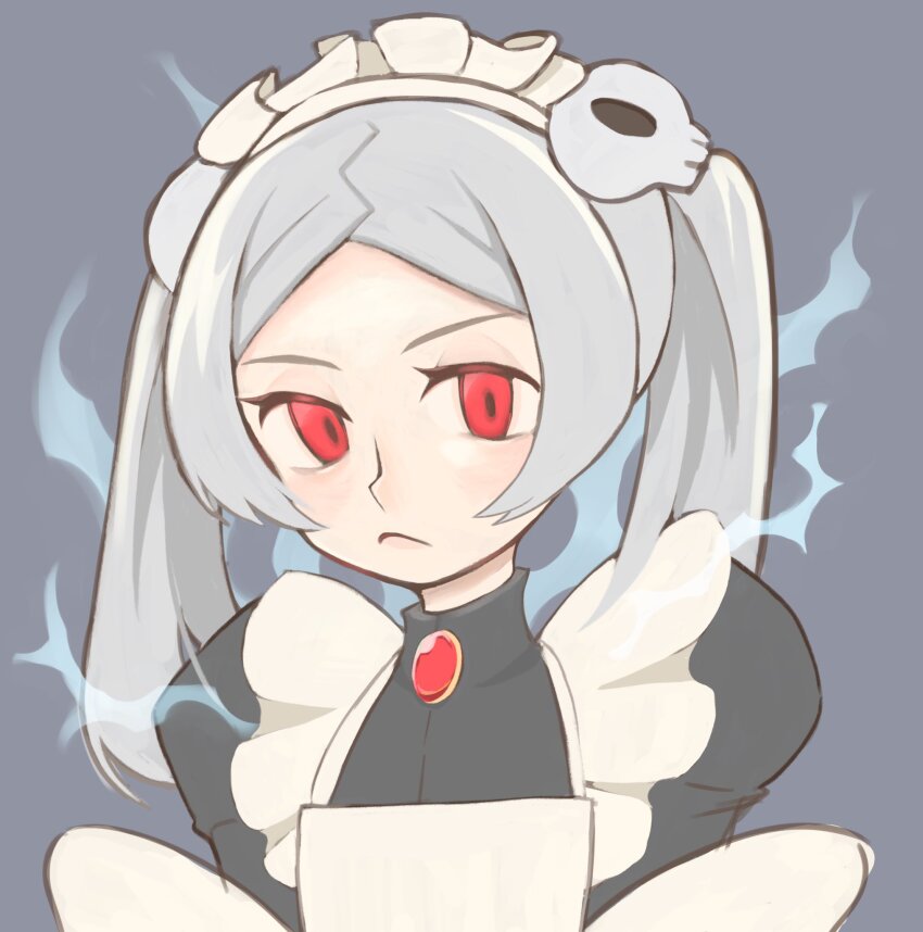 1girl, arms_behind_back, bloody_marie_(skullgirls), blue_background, blush, brooch, choko_(1839), facing_viewer, frown, grey_hair, hair_ornament, highres, jewelry, juliet_sleeves, long_sleeves, looking_at_viewer, maid_headdress, portrait, puffy_sleeves, red_eyes, skull_hair_ornament, skullgirls, solo, twintails, upper_body