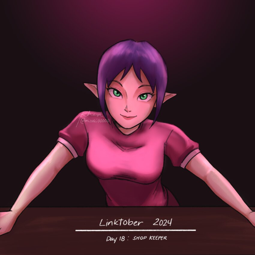 1girl, 2024, bombchu_bowling_girl, counter, dated, facing_viewer, green_eyes, highres, looking_at_viewer, nintendo, pink_lips, pointy_ears, purple_hair, rh_mizuki, shirt, short_hair, smile, solo, t-shirt, the_legend_of_zelda, the_legend_of_zelda:_ocarina_of_time, upper_body