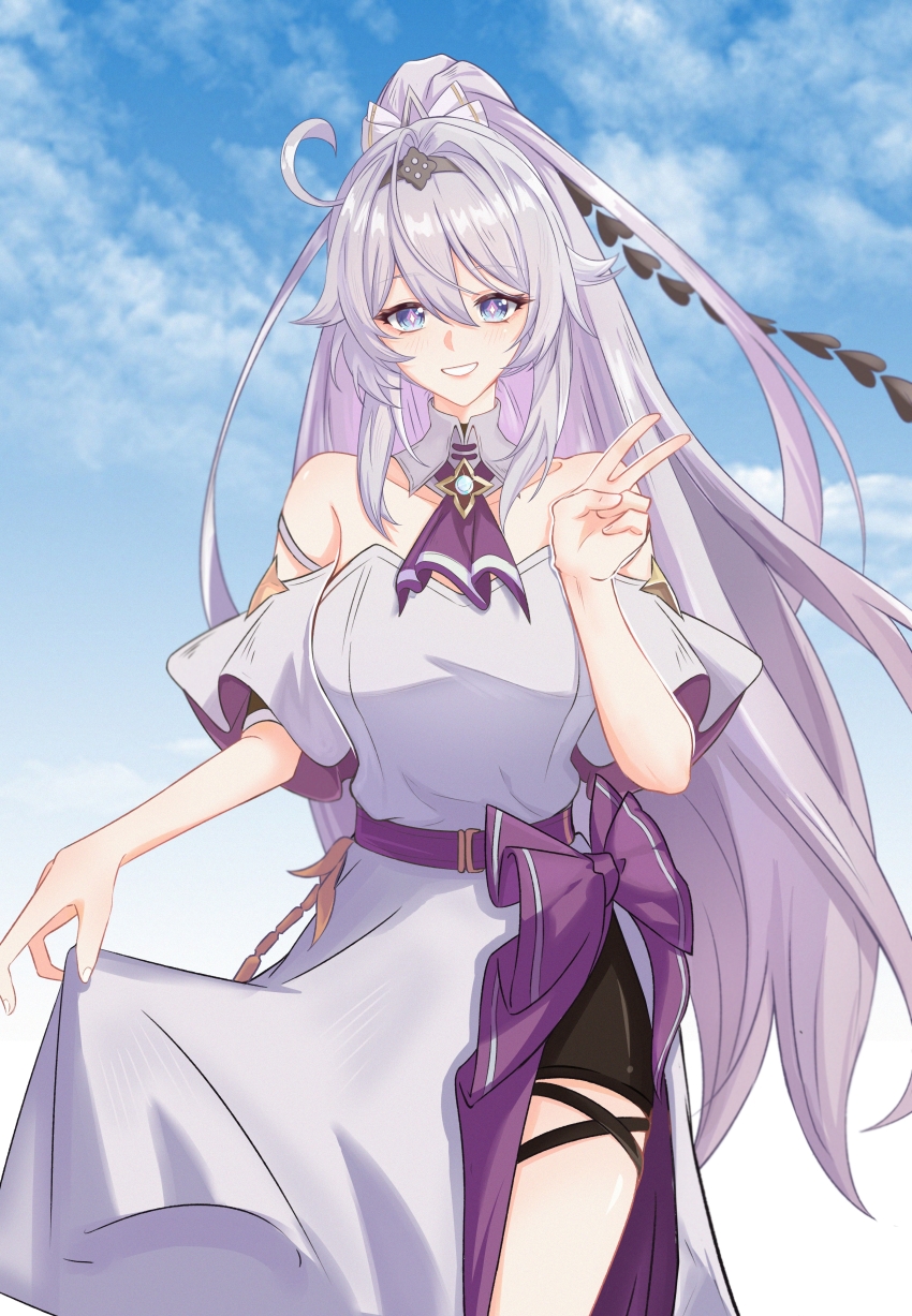 1girl, absurdres, alternate_costume, bare_shoulders, black_shorts, blue_eyes, blue_sky, breasts