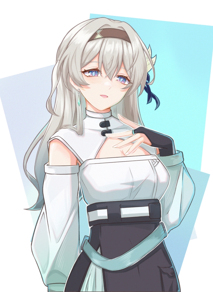 1girl, alternate_costume, black_bridal_gauntlets, black_hairband, black_ribbon, black_skirt, blue_eyes, blue_pupils