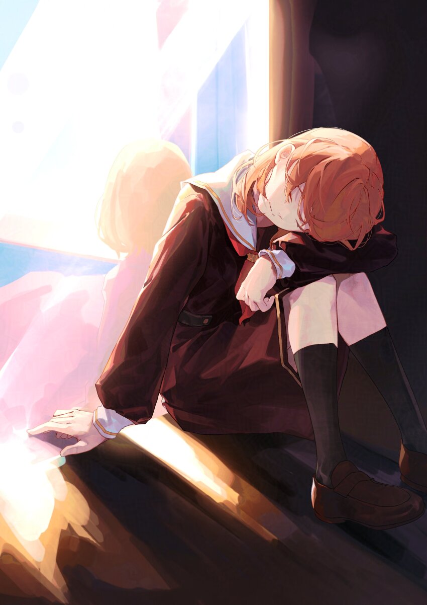 2girls, absurdres, aged_down, back-to-back, brown_dress, brown_shoes, closed_mouth, commentary_request