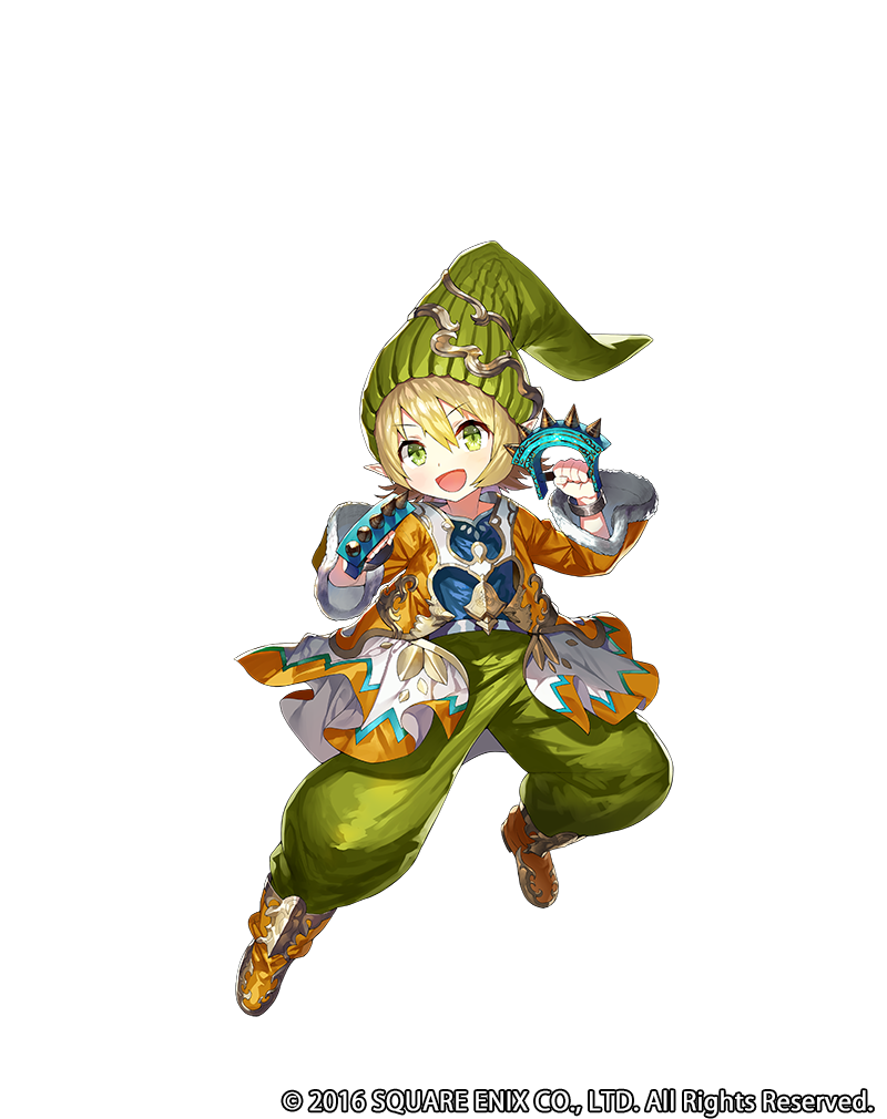 1boy, blonde_hair, copyright_notice, dwarf, dwarf_(grimms_notes), full_body, gaou_(umaiyo_puyoman), gauntlets, green_eyes, grimms_notes, male_focus, official_art, open_mouth, pointy_ears, puffy_pants, simple_background, smile, solo, white_background
