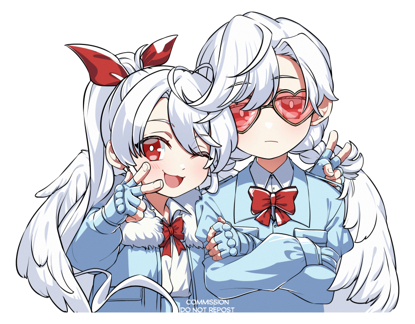 2girls, ;d, absurdres, angel_wings, arm_around_shoulder, bakaryuu, blue_gloves, blue_jacket