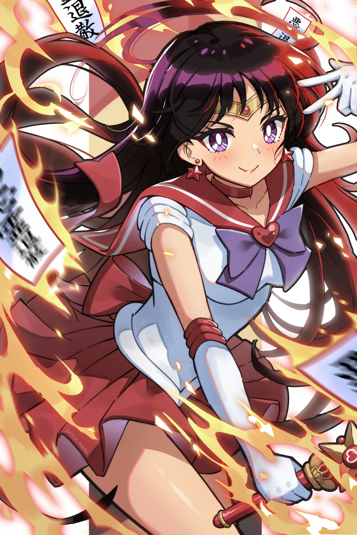1girl, bishoujo_senshi_sailor_moon, black_hair, bow, bright_pupils, choker, closed_mouth, commentary, cowboy_shot, earrings, elbow_gloves, english_commentary, fire, floating_hair, gloves, hand_up, hino_rei, holding, holding_wand, jewelry, long_hair, looking_at_viewer, magical_girl, ofuda, pleated_skirt, purple_bow, purple_eyes, pyrokinesis, red_choker, red_sailor_collar, red_skirt, sailor_collar, sailor_mars, sailor_senshi, sailor_senshi_uniform, saylamars, short_sleeves, skirt, smile, solo, star_(symbol), star_earrings, star_power_stick, super_sailor_mars, tiara, v, wand, white_gloves, white_pupils