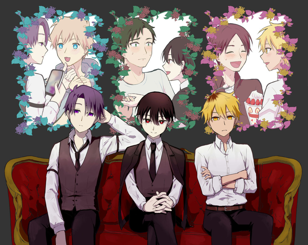 3boys, 3girls, belt, black_hair, black_necktie, blonde_hair, blue_eyes, blush