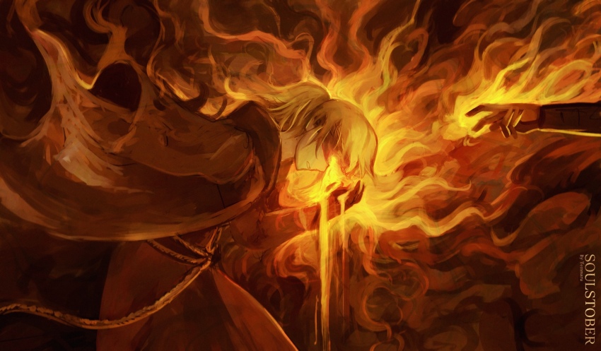 1girl, 1other, artist_name, aura, blindfold, blonde_hair, brown_capelet, capelet