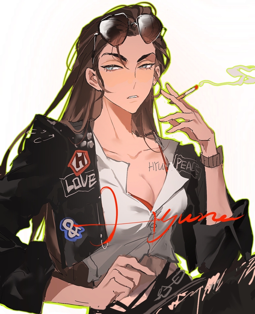 1girl, alien_stage, between_fingers, black_jacket, black_pants, bracelet, breasts, brown_hair