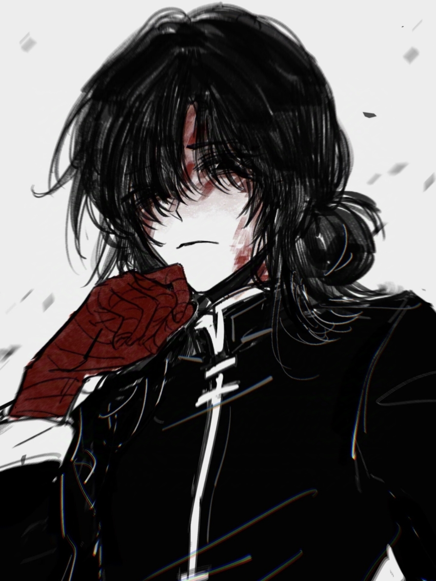 1girl, bandaged_hand, bandages, black_eyes, black_hair, black_shirt, blood, blood_on_face