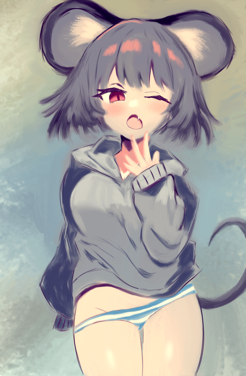 1girl, :<, animal_ears, black_hoodie, blue_panties, blush, bob_cut, breasts, cowboy_shot, fang, flandzen, grey_background, grey_hair, grey_hoodie, groin, hand_up, highres, hood, hood_down, hoodie, long_sleeves, lowleg, lowleg_panties, medium_breasts, midriff_peek, mouse_ears, mouse_tail, nazrin, no_pants, open_mouth, panties, panty_pull, raglan_sleeves, red_eyes, short_hair, sleeves_past_fingers, sleeves_past_wrists, slit_pupils, solo, standing, striped_clothes, striped_panties, tail, thigh_gap, touhou, two-tone_hoodie, two-tone_panties, underwear, waking_up, white_panties, yawning
