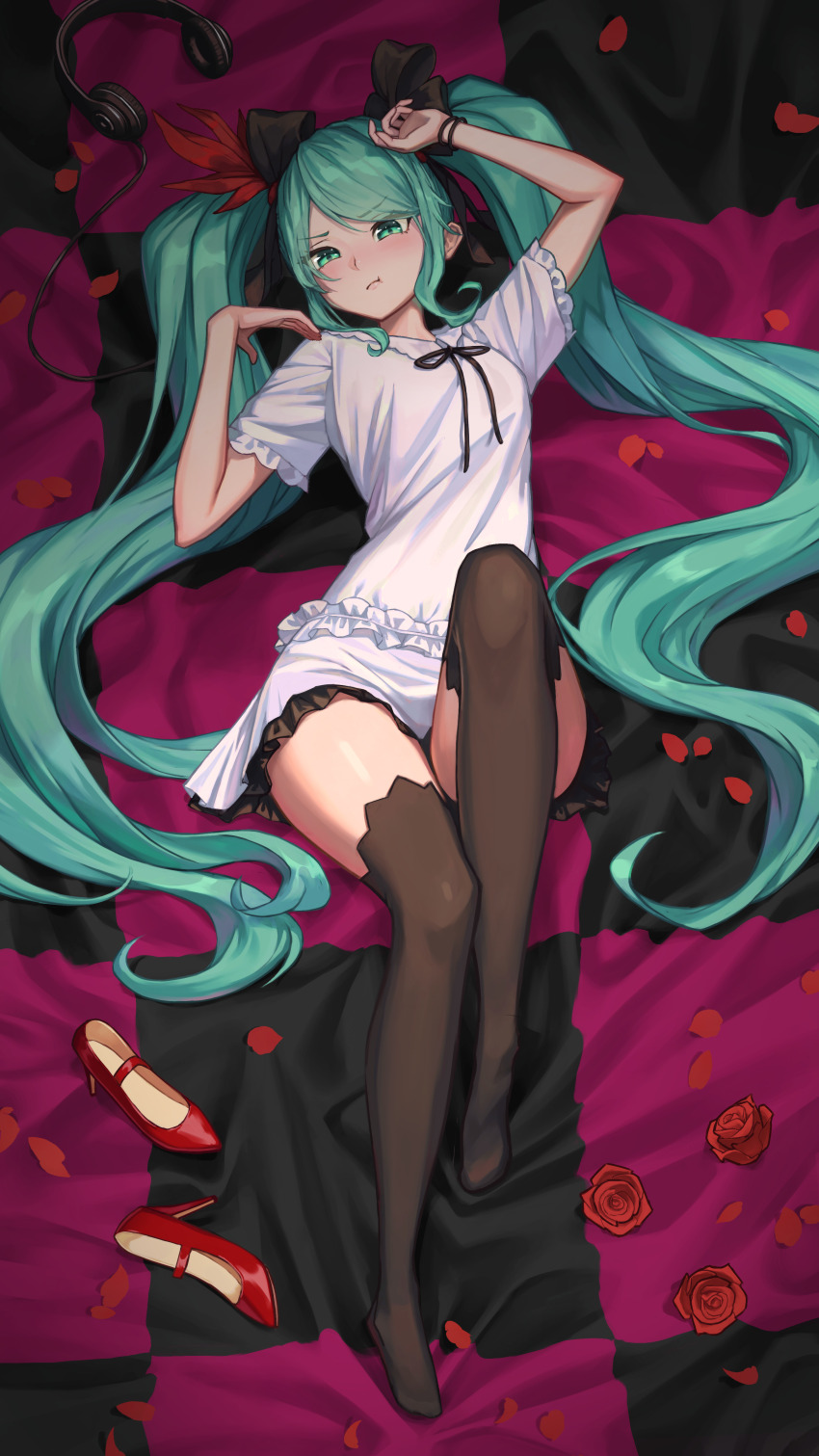 1girl, :t, absurdres, aqua_hair, arm_up, black_thighhighs, commentary_request, flower