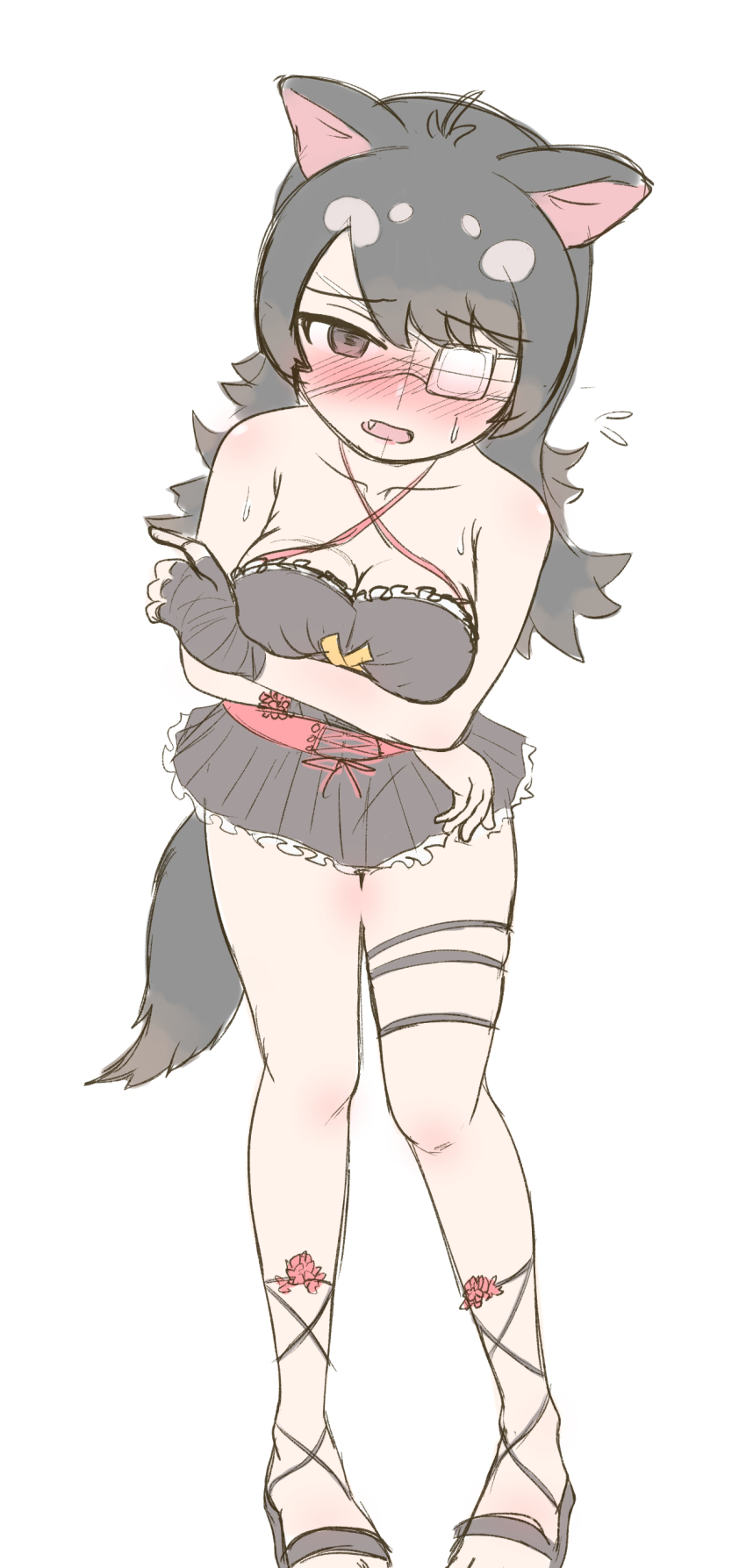 absurdres, australian_devil_(kemono_friends), black_hair, black_skirt, eyepatch, highres, knees, miniskirt, nokemono-san_(bocchi_friend), sandals, skirt, tagme