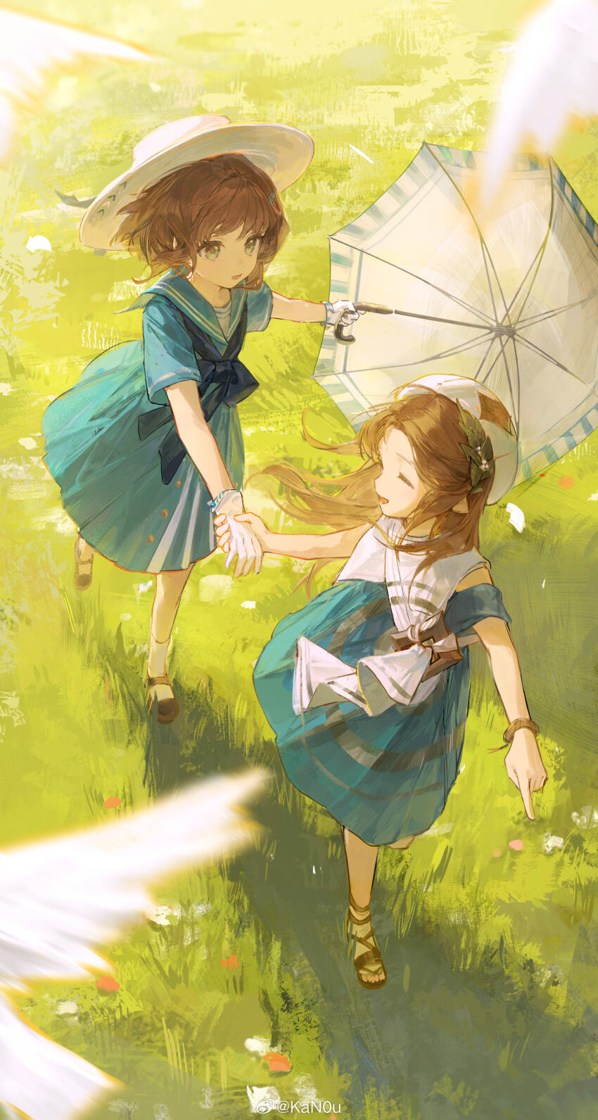 2girls, ^_^, absurdres, beret, bird, black_footwear, blue_bow, blue_bowtie, blue_dress, blue_sailor_collar, blurry, blurry_foreground, bow, bowtie, brown_footwear, brown_hair, closed_eyes, dress, eagle_(reverse:1999), eagle_(weekend_excursion)_(reverse:1999), facing_another, from_above, full_body, grass, green_eyes, hat, highres, holding, holding_hands, holding_umbrella, konohana_(weibo), la_source_(reverse:1999), laurel_crown, long_hair, mary_janes, multiple_girls, official_alternate_costume, open_mouth, pointing, pointing_forward, reverse:1999, running, sailor_collar, sailor_dress, sandals, shoes, short_dress, short_hair, short_sleeves, smile, socks, sun_hat, turning_head, umbrella, watermark, weibo_watermark, white_bird, white_hat, white_socks, white_umbrella