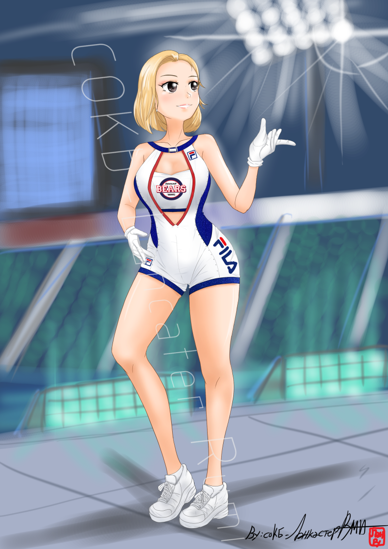 1girl, baseball_stadium, blonde_hair, cheerleader, doosan_bears, fila, unitard