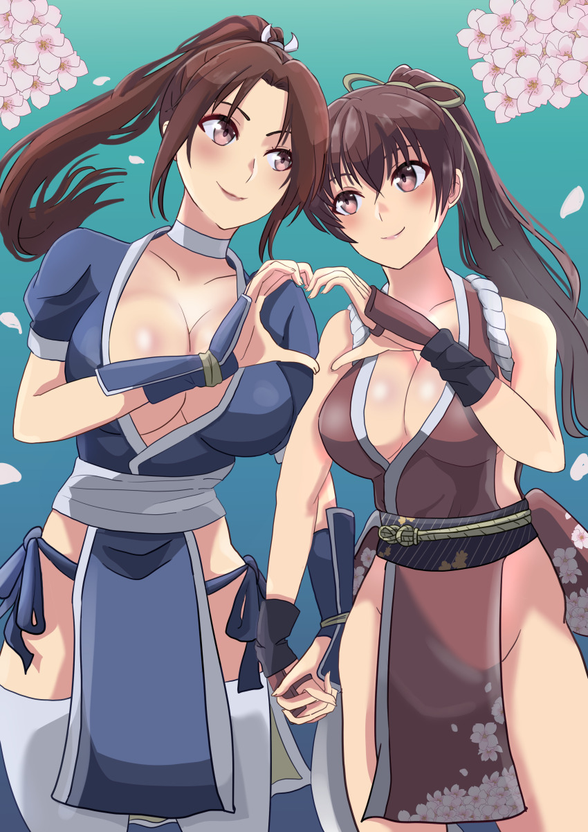 2girls, absurdres, breasts, cherry_blossoms, choker, cleavage, cosplay, costume_switch, crossover, dead_or_alive, fatal_fury, female_focus, hair_ribbon, heart, heart_hands, heart_hands_duo, high_ponytail, highres, holding_hands, japanese_clothes, kasumi_(doa), kasumi_(doa)_(cosplay), large_breasts, long_hair, multiple_girls, musuhi, ninja, no_bra, obi, pelvic_curtain, petals, ponytail, ribbon, sash, shiranui_mai, shiranui_mai_(cosplay), smile, snk, team_ninja, tecmo, the_king_of_fighters, thighhighs, trait_connection, white_choker, white_thighhighs