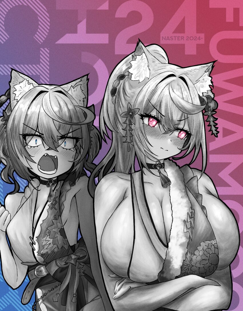 2girls, ahoge, animal_ears, bare_shoulders, blue_eyes, blush, breast_envy, breasts