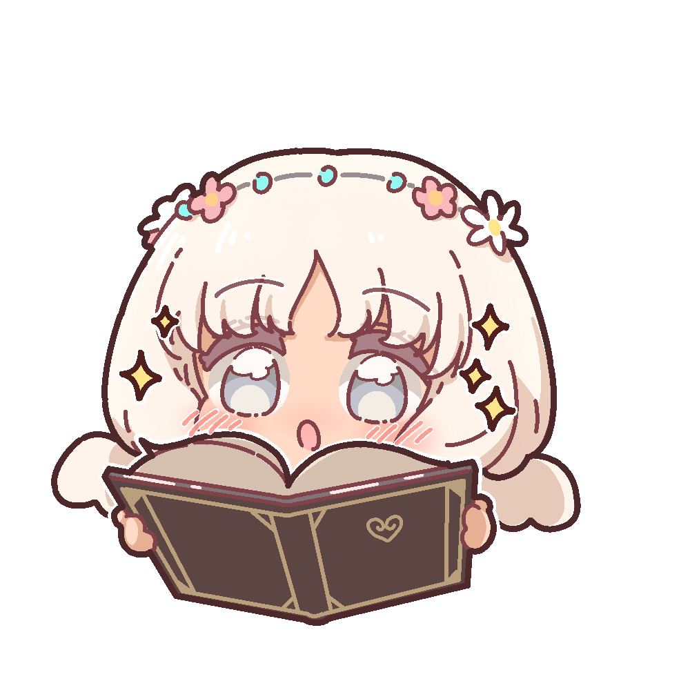 1girl, :o, blush, book, chibi, chibi_only, child, cropped_head, grey_eyes, head_wreath, holding, holding_book, maria_(metaphor:_refantazio), metaphor:_refantazio, nijiiro_diary, open_book, reading, short_hair, simple_background, solo, sparkle, white_background, white_hair, wings
