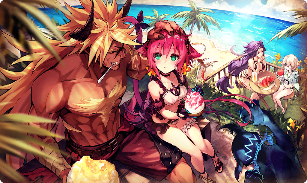 1boy, 3girls, ^_^, ahat_(ta_ga_tame_no_alchemist), animal_ears, beach, belt, bikini