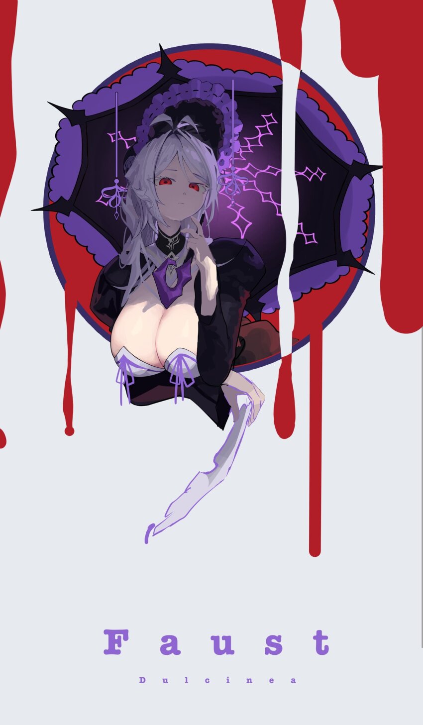 1iyon1, black_dress, blood, breasts, character_name, cleavage, cosplay, dress