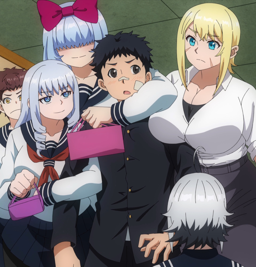 1boy, 5girls, absurdres, anime_screenshot, arm_around_shoulder, bandaid, bandaid_on_cheek, bandaid_on_face
