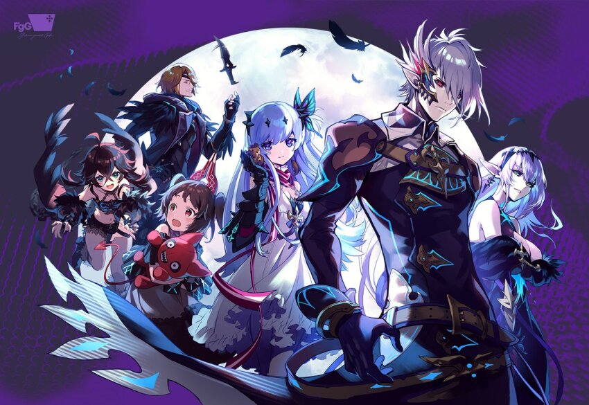 2boys, 4girls, ahoge, aqua_hair, belt, black_feathers, blonde_hair, blue_hair